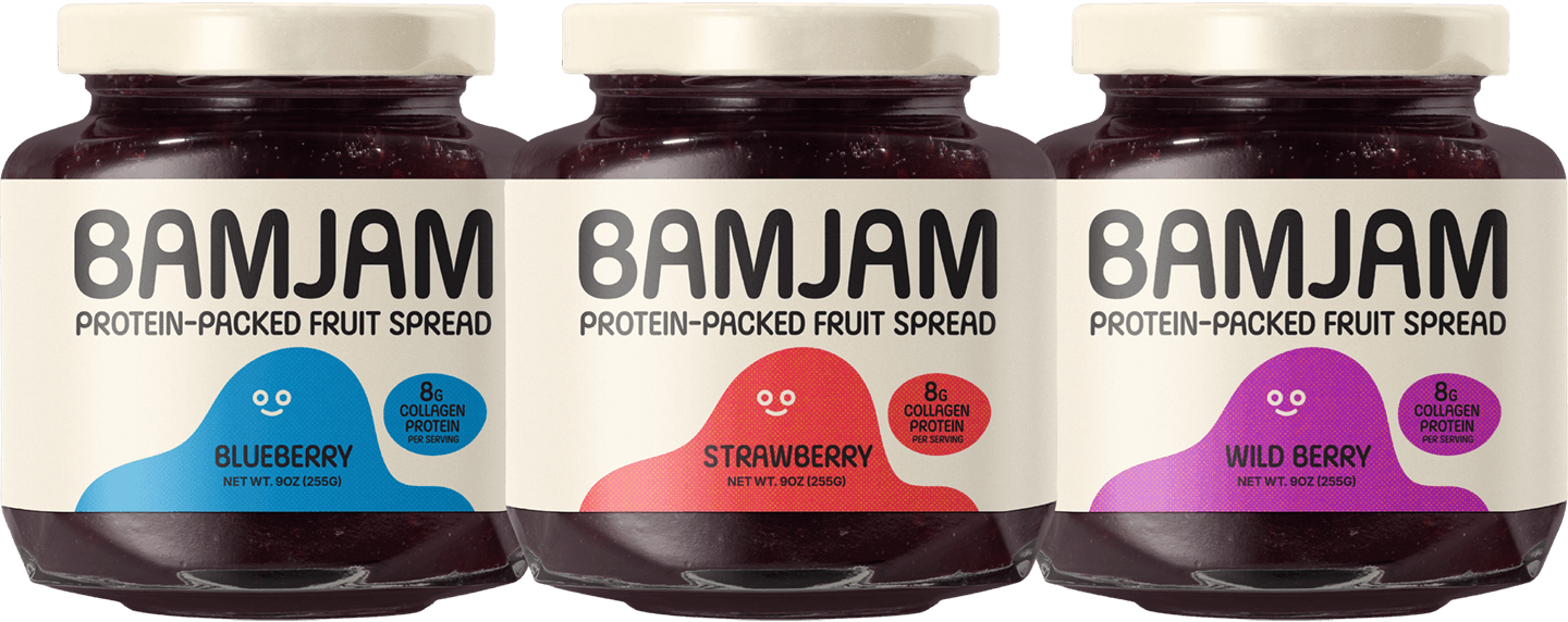 BAMJAM Blueberry, Strawberry and Wild Berry protein-packed fruit spread