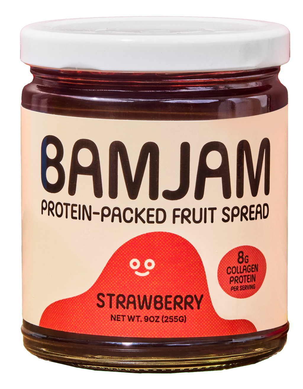 Jar of BamJam strawberry protein-packed fruit spread on a white background