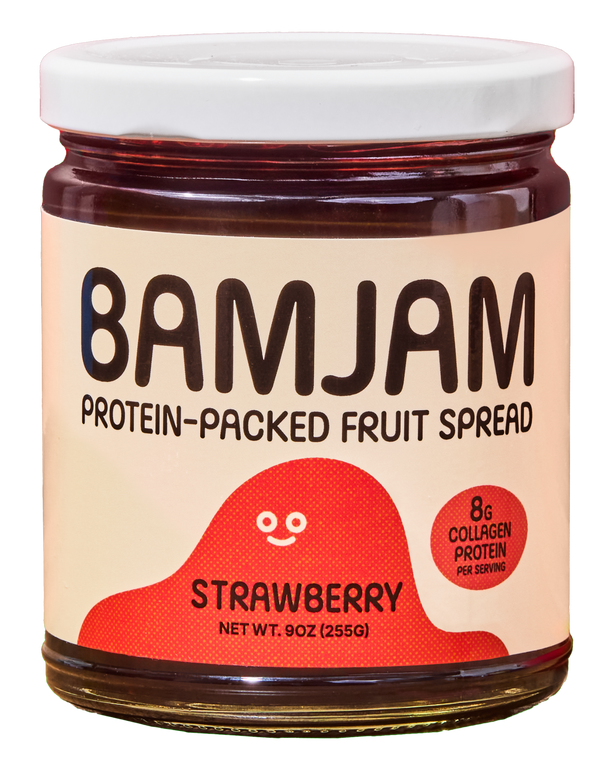 Jar of BamJam strawberry protein-packed fruit spread on a white background